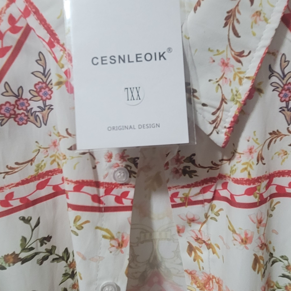 Men's Floral Chevron Print Button-Down Shirt - White with Coral Accents - Picture 3 of 3